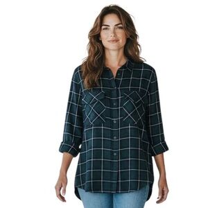 Sanctuary Women's Boyfriend Fit Shirt M Green & Blue Plaid Snap Button Up Rayon